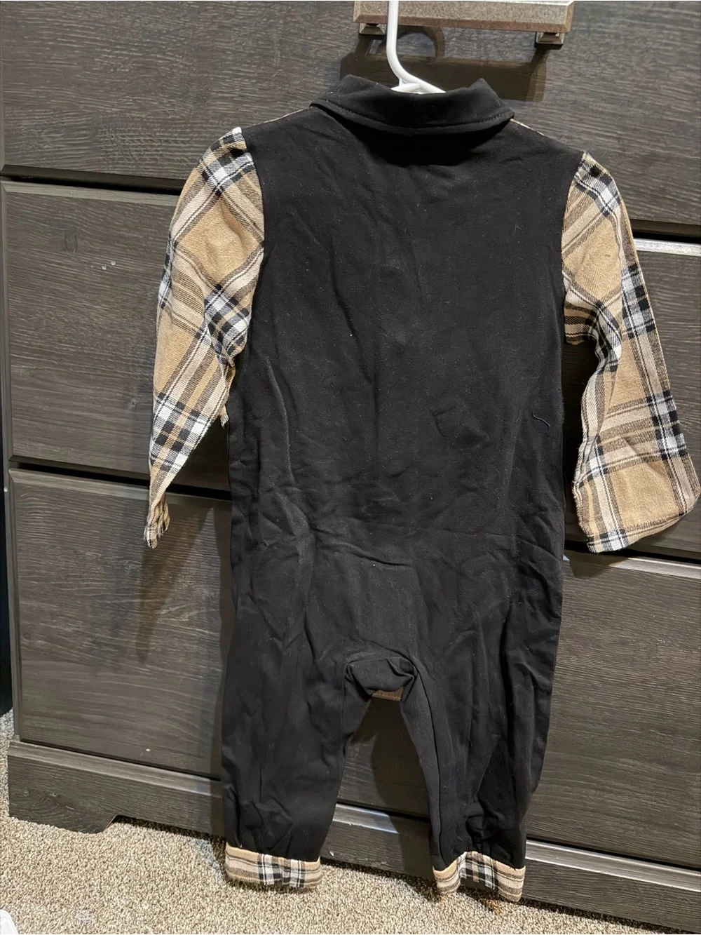 Plaid Tan & Black Baby Boy Tuxedo Romper with Cap